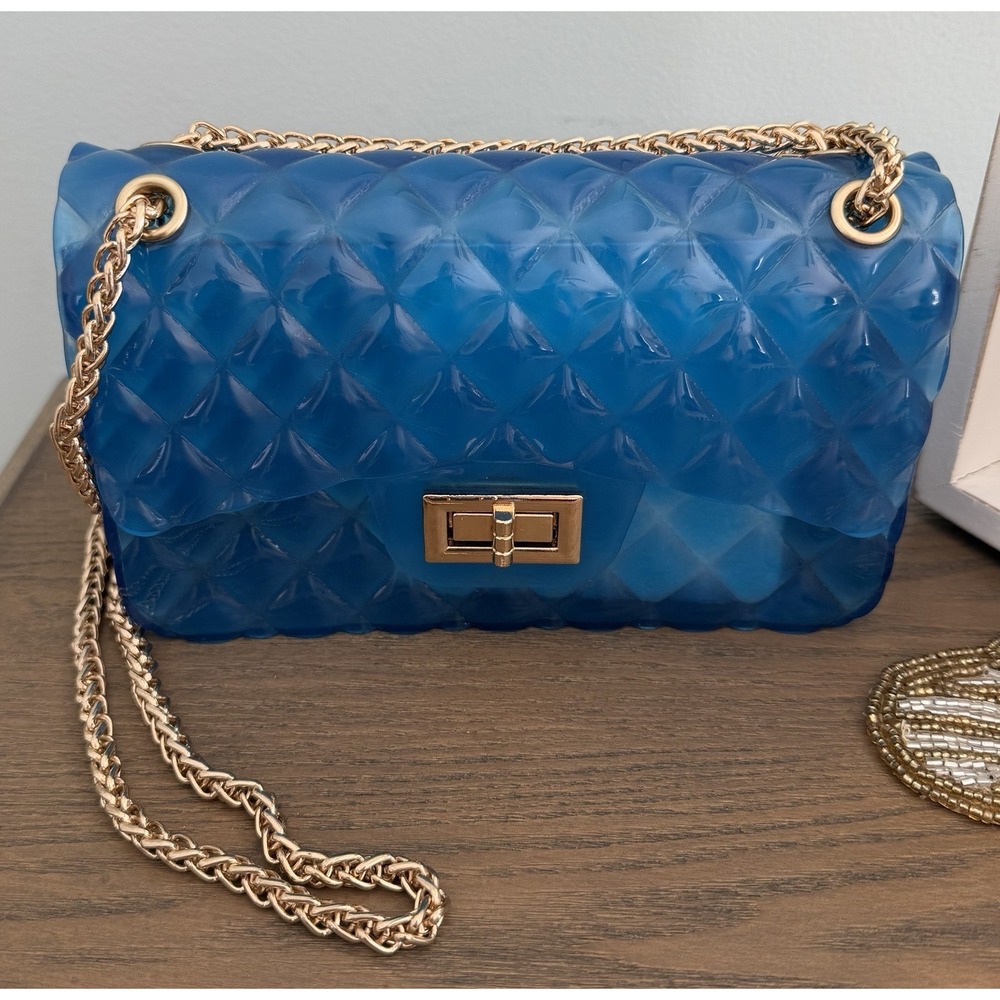 NWT Le Miel Blue Jelly Quilted Gold Chain Crossbody Bag‎ Y2K Clutch Chic Glam